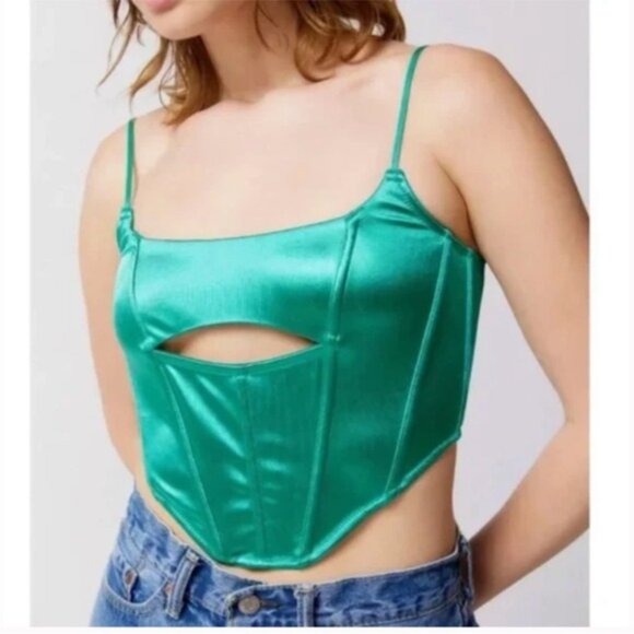 Urban Outfitters | Spitfire Sweettalk Cut Out Corset New Medium Green Satin Sexy - Picture 4 of 8